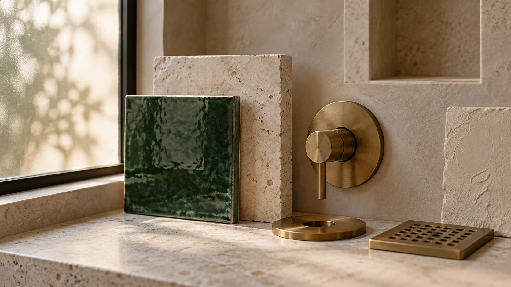 Bathroom design concept still life of deep green tile, stone and concealed brass valve components.